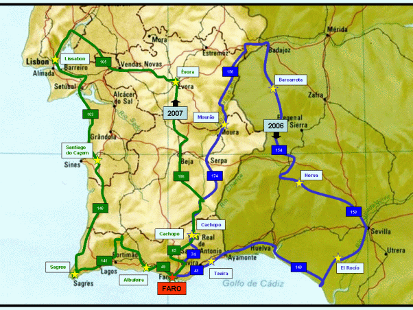 In het blauw, route en etappes vanuit Faro in 2006. In het groen, de tocht in 2007